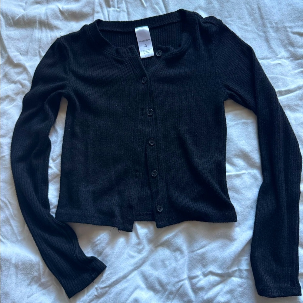 Black Ribbed Button-Up Cardigan